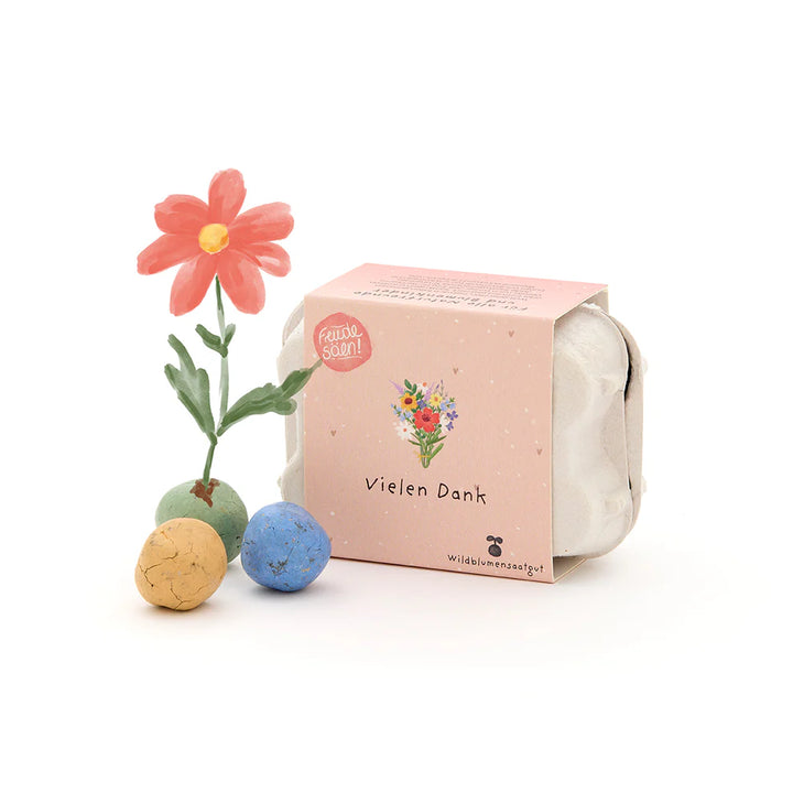 Bunte Blumenmurmeln im Eierkarton "Vielen Dank" zum liebevollen Danke sagen