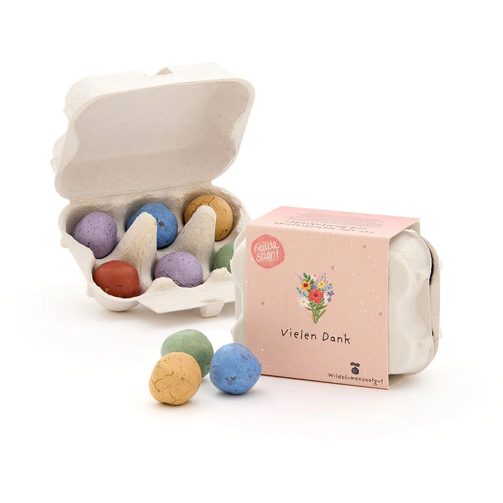 Bunte Blumenmurmeln im Eierkarton "Vielen Dank" zum liebevollen Danke sagen