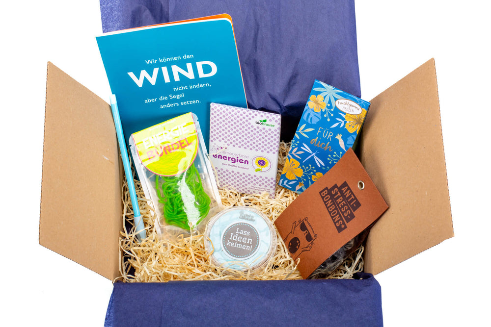 Geschenkbox Energiekick mit motivierenden Kleinigkeiten für Mitarbeitende, Kollegen und Freunde - ooobox