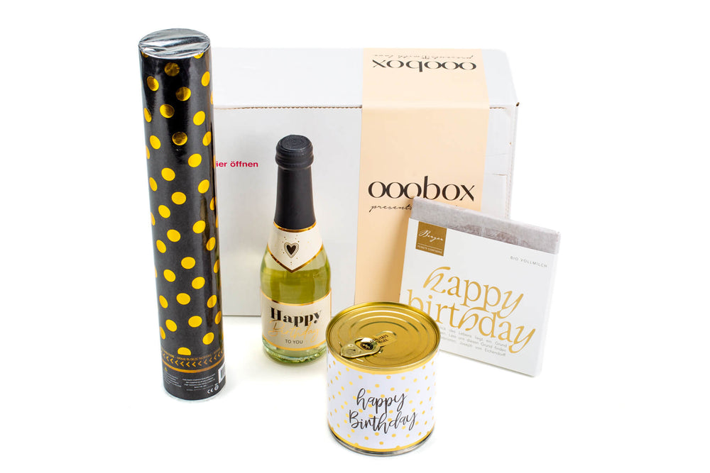 Geburtstagsgeschenk-Box Hipp Hipp Hurra mit Kuchen, Piccolo und Konfetti - ooobox