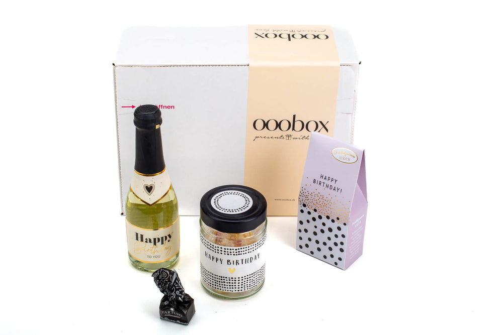 Geschenkbox Happy Birthday! Alles Gute für Dich mit Sekt, Bonbons und Schokolade - ooobox