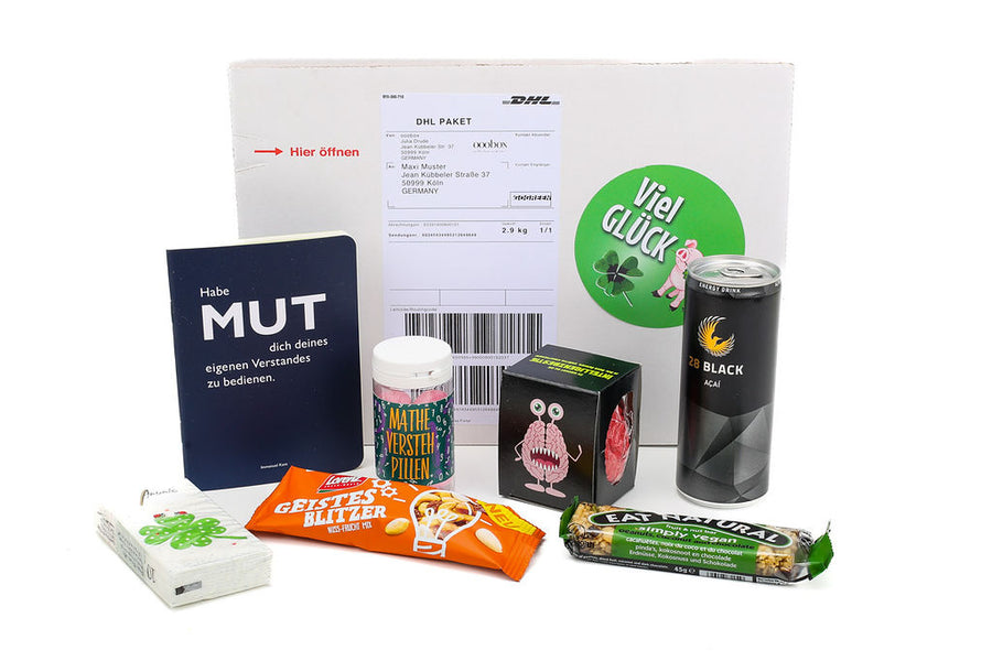 Prüfungs-Notfall-Box mit lustigen Gadgets zur Prüfungsvorbereitung - ooobox