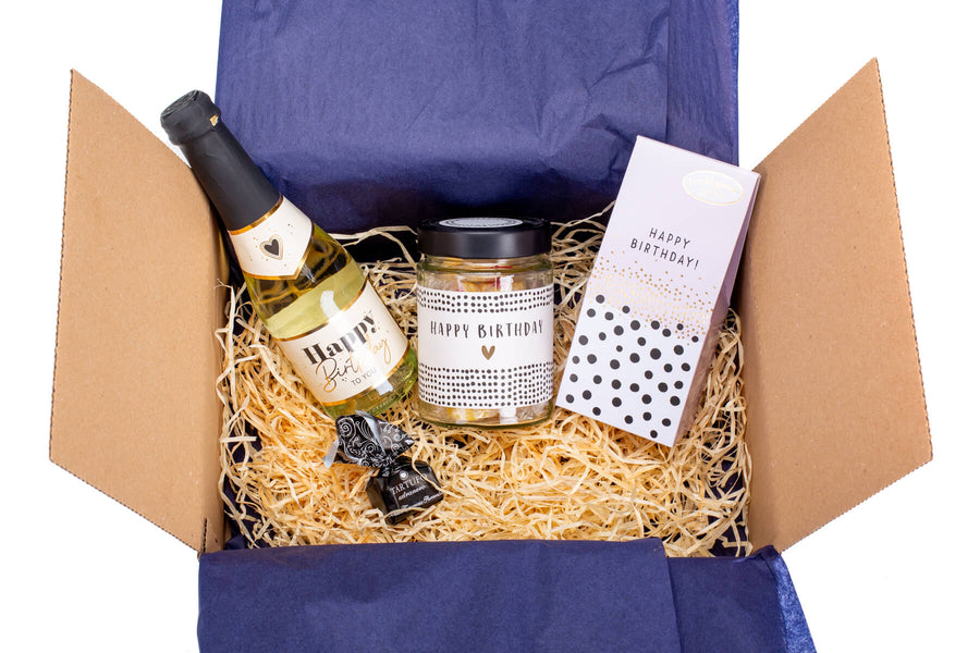 Geschenkbox Happy Birthday! Alles Gute für Dich mit Sekt, Bonbons und Schokolade - ooobox