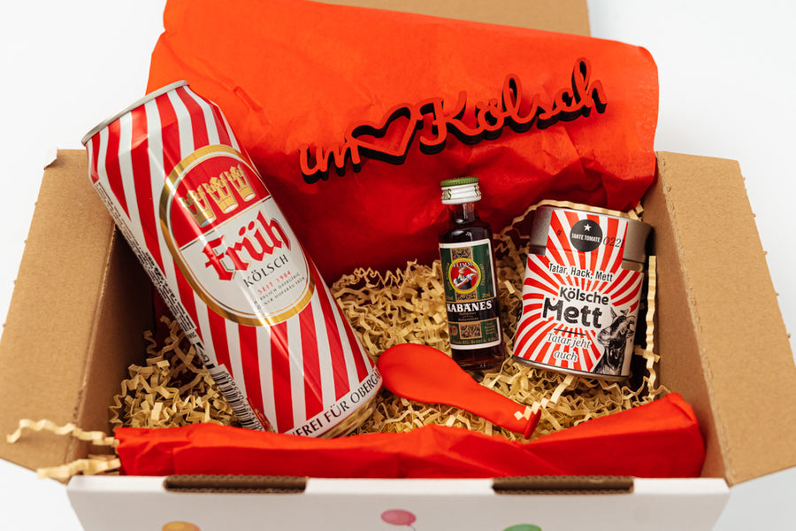 Geburtstags-Geschenk aus Köln mit Kölsch, Mettgewürz und Kabänes