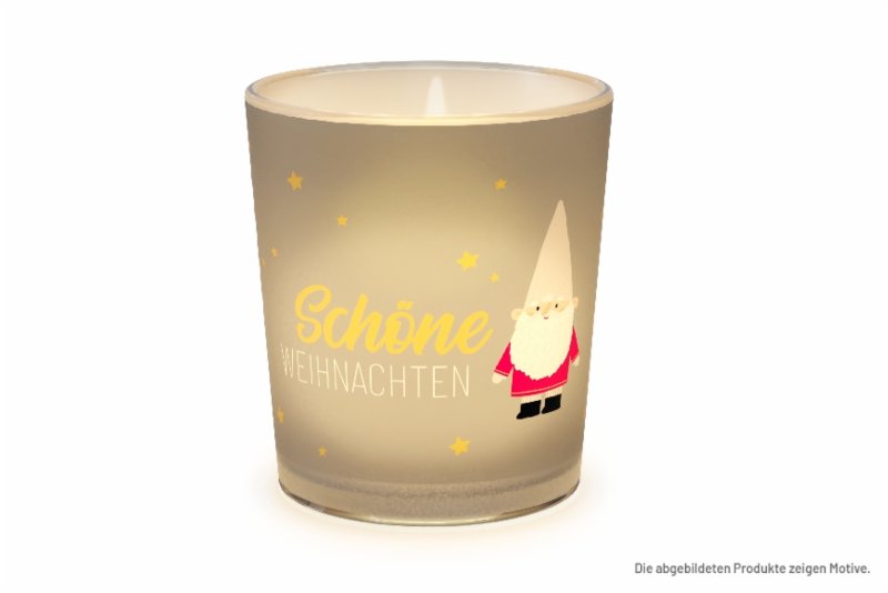 Hübsches kleines Teelicht mit der Aufschrift "Schöne Weihnachten" und niedlichem Wichtel
