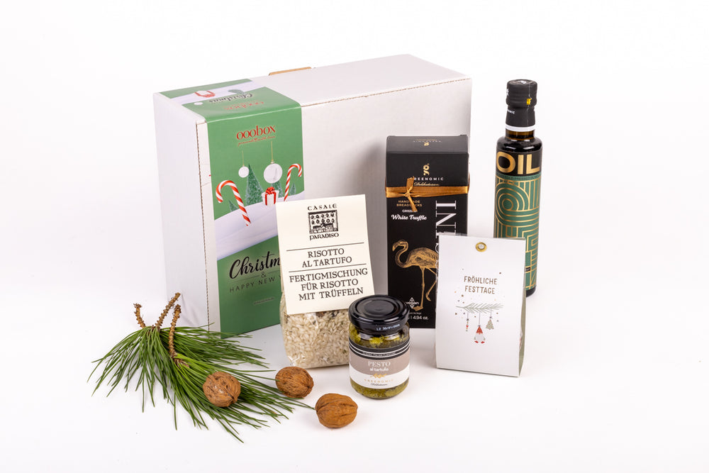 Weihnachts-Geschenkbox "Beste WeihnachtsgrĂŒĂe (alkoholfrei)" mit edlen Kostbarkeiten - ooobox