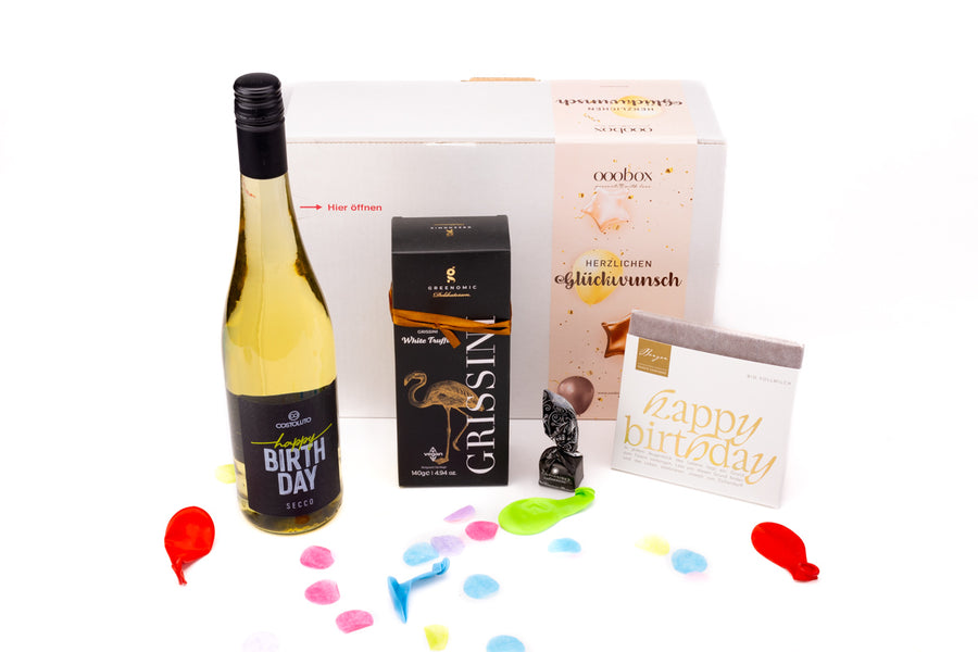 Geschenkbox Big Birthday wishes mit Prosecco, Schokolade, Grissini - ooobox