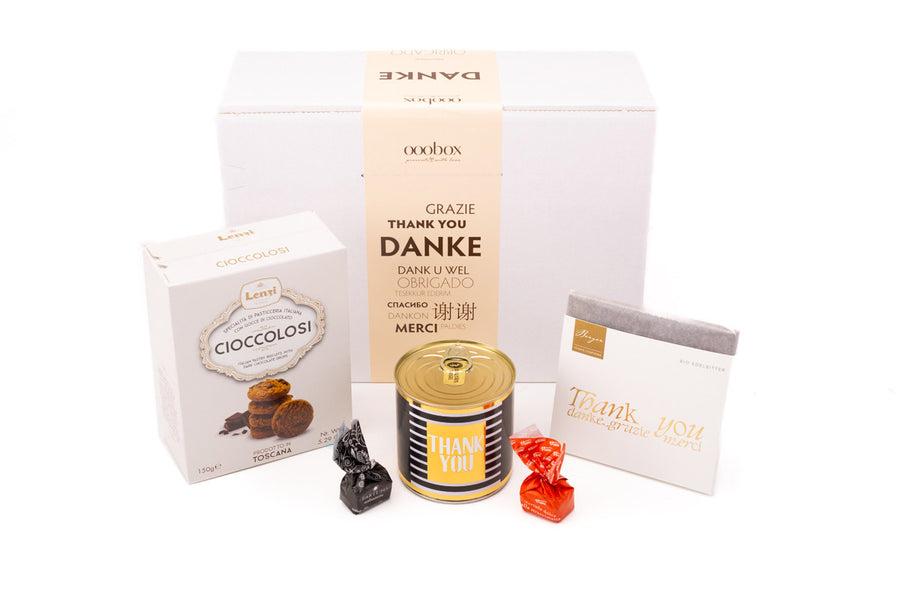 Geschenkbox Danke für Deinen Einsatz mit Kuchen, Schokolade, Keksen und Trüffeln - ooobox