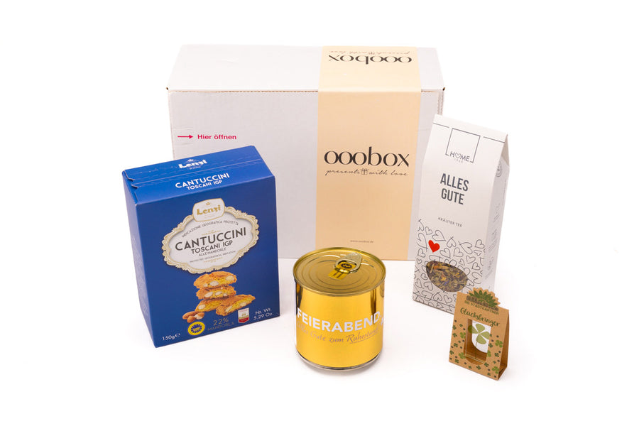 Geschenkbox zum Ruhestand mit Kuchen, Keksen, Tee und Glücksbringer für die Zukunft - ooobox