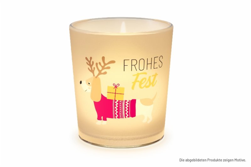Hübsches kleines Teelicht mit der Aufschrift "Frohes Fest"