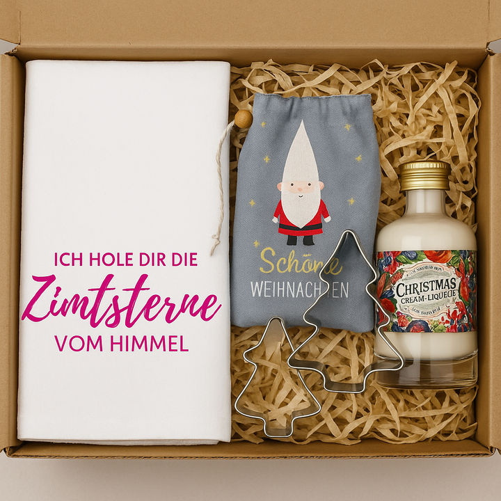 Kleine Weihnachtsüberraschung – Likör, Geschirrtuch & Backausstecher als versandfertige Geschenkidee
