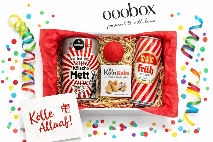 Karneval-Geschenkbox "Alaaf" mit Kölsch, Mettgewürz, Pappnase und Glückskeks
