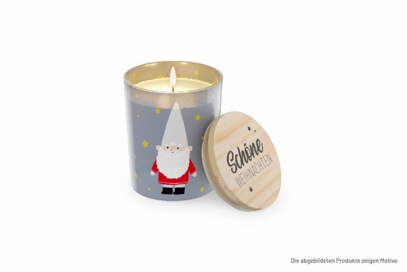Vanille-Duftkerze im tollen Glas mit Wichtel und Aufschrift "Schöne Weihnachten"