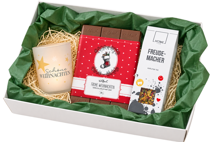 ✨ Geschenkbox „Freudemacher“ – liebevolle Box zu Weihnachten mit Teelicht, Schokolade und Tee