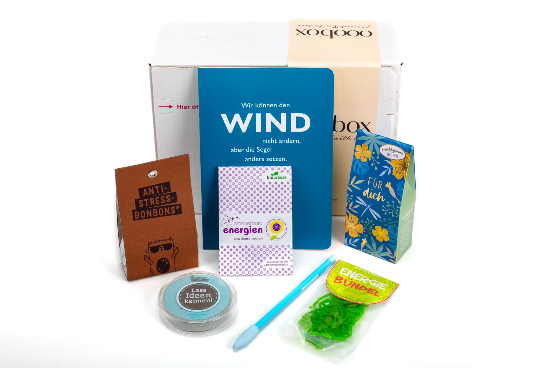 Geschenkbox Energiekick mit motivierenden Kleinigkeiten für Mitarbeitende, Kollegen und Freunde - ooobox