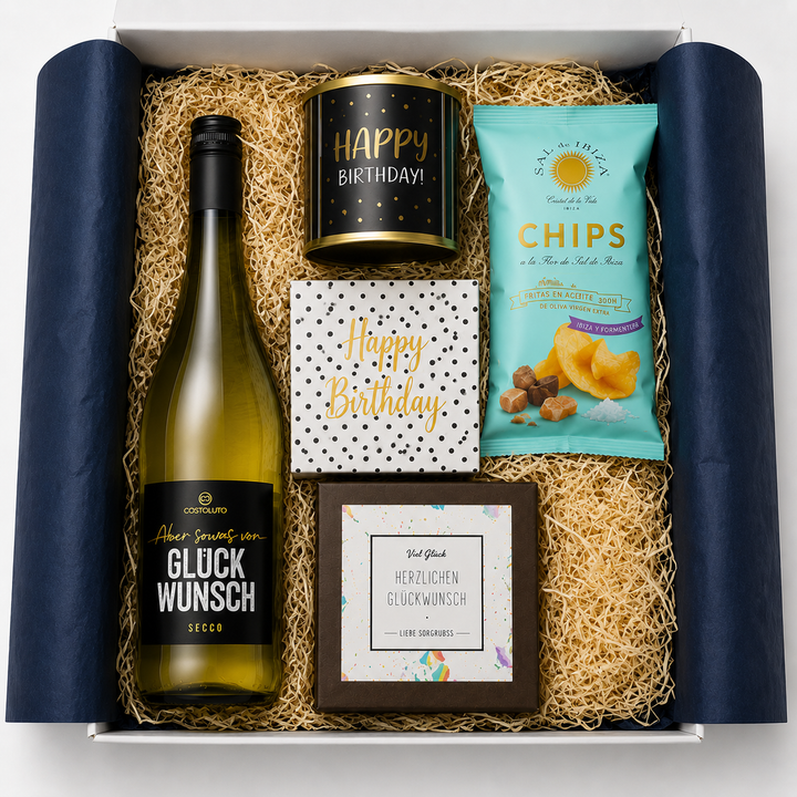 Geschenkbox für alle, die nicht feiern wollen – Geburtstagsbox "Geburtstagsmuffel" mit Wein, Kuchen & ehrlicher Freude