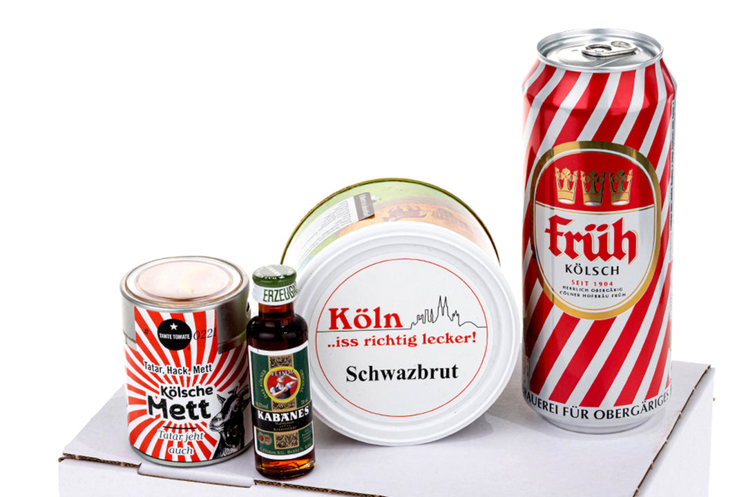 Kölner Survival Geschenkbox mit Schwarzbrot, Kölsch, Mettgewürz und Kabänes