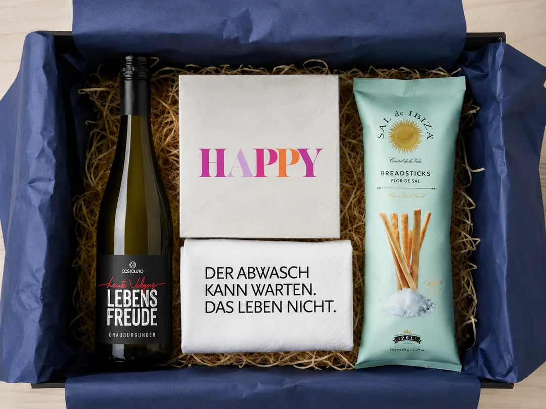 Lebensfreude Geschenkbox mit Weißwein & mediterranen Delikatessen