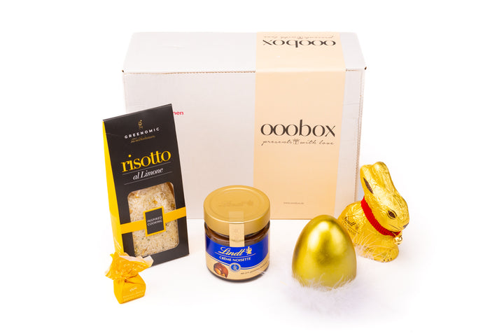 Ostergeschenk "Goldene Zeiten" mit Lindt-Produkten, Risotto und Deko