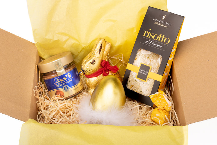 Ostergeschenk "Goldene Zeiten" mit Lindt-Produkten, Risotto und Deko