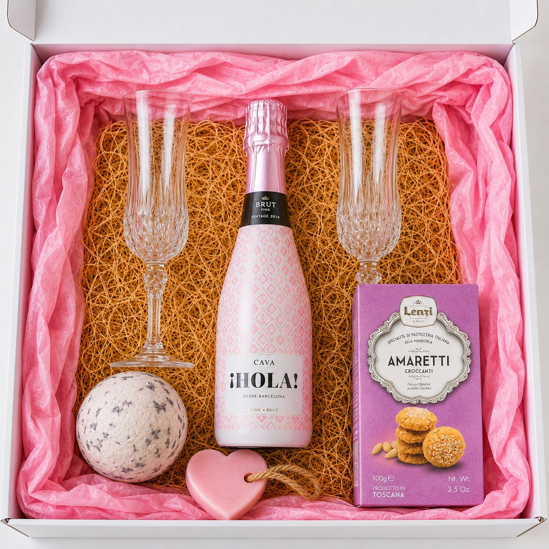 Geschenkbox Prickeln für Zwei – Sekt, Badekugel & Schokoladengenuss