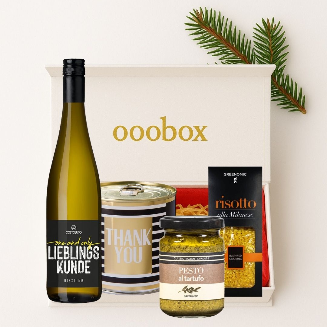 🎁 Geschenkbox „Lieblingskunde” – stilvolle Feinkost; Wein als Dankeschön zu Weihnachten