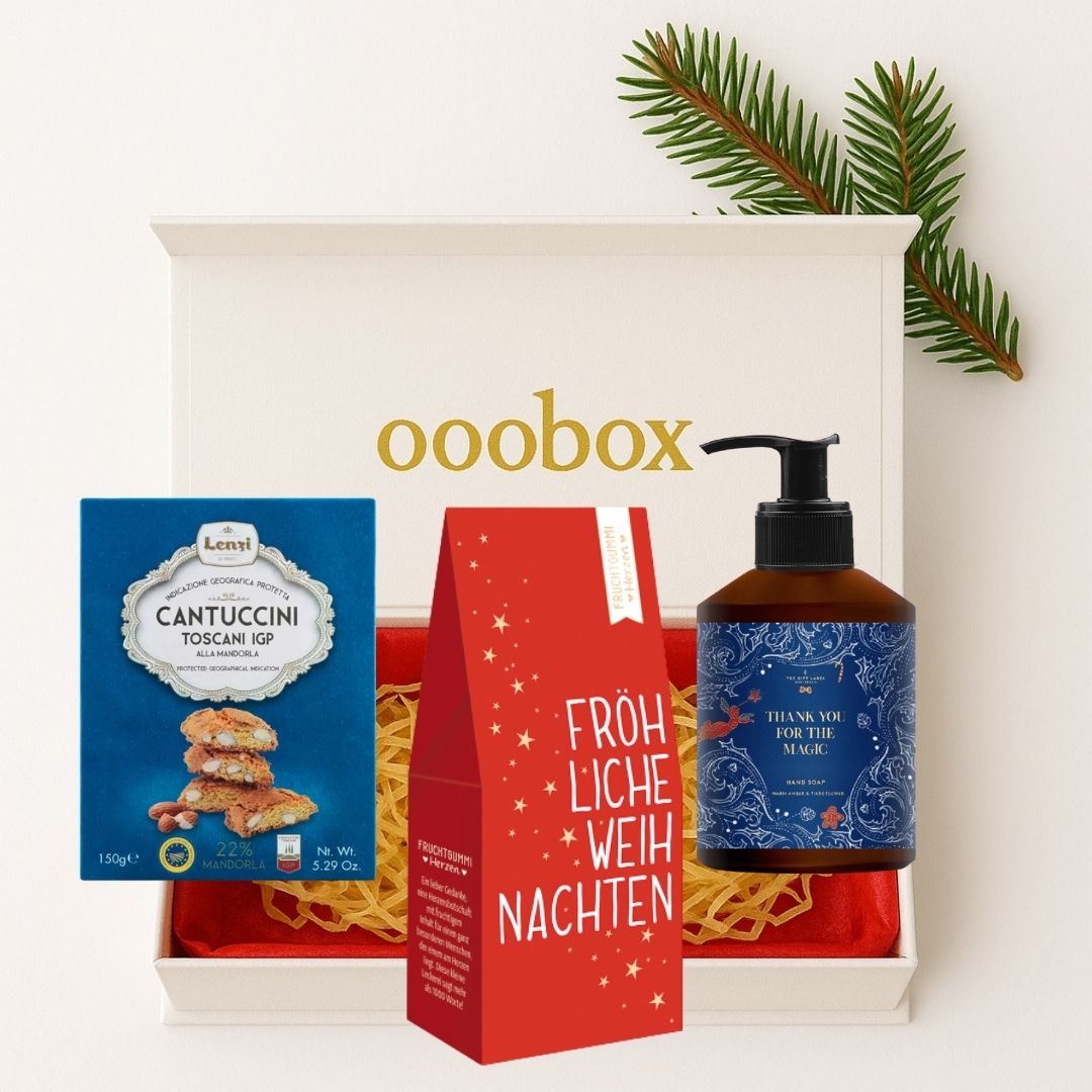 Weihnachts-Geschenkbox "Thank you"- ein kleiner Dank für Mitarbeitende, Freunde & Familie mit hochwertiger Seife, italienischen Keksen und weihnachtlichem Fruchtgummi