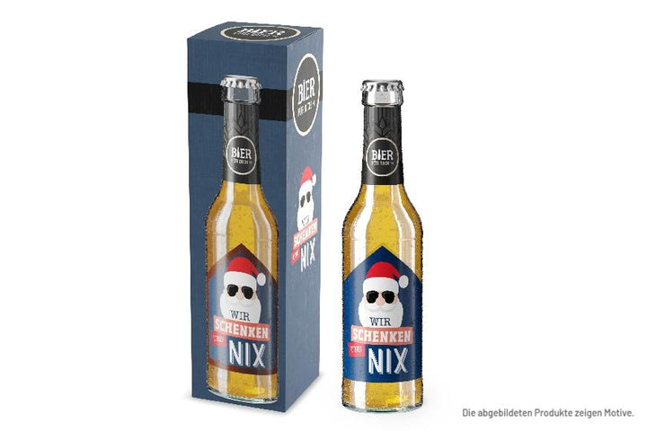 Wunderbares Weihnachts-Bier mit dem Titel "Wir schenken uns nichts" in witziger Verpackung