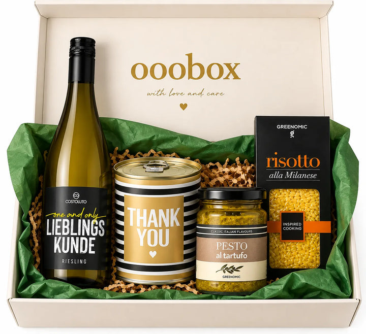 Geschenkbox „Lieblingskunde” – stilvolle Feinkost und Wein als Dankeschön für Deinen Lieblingskunden