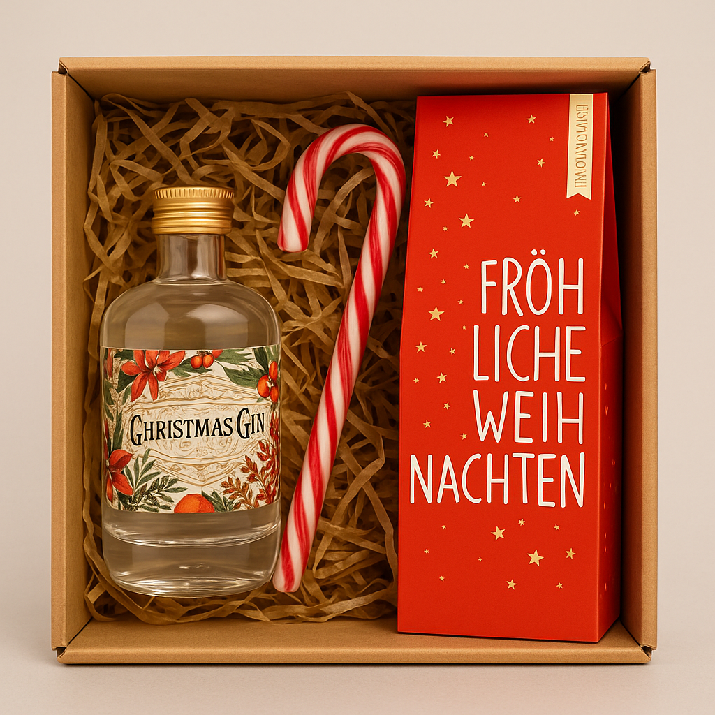 Kleine Weihnachtsbox „Gin & Sweets“ – Mini Gin, Weihnachtssüßigkeiten & Grußkarte