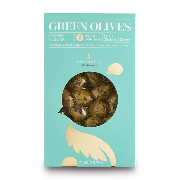 Grüne Oliven in Türkise Verpackung